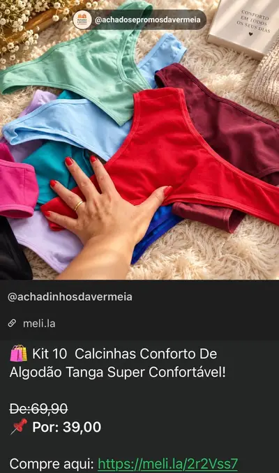 Kit 10 Calcinhas de Algodão de R$ 69,90 por R$ 39,00 no Mercado Livre
