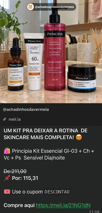 Kit Principia Essencial skincare de R$ 211,00 por R$ 115,31 no Mercado Livre